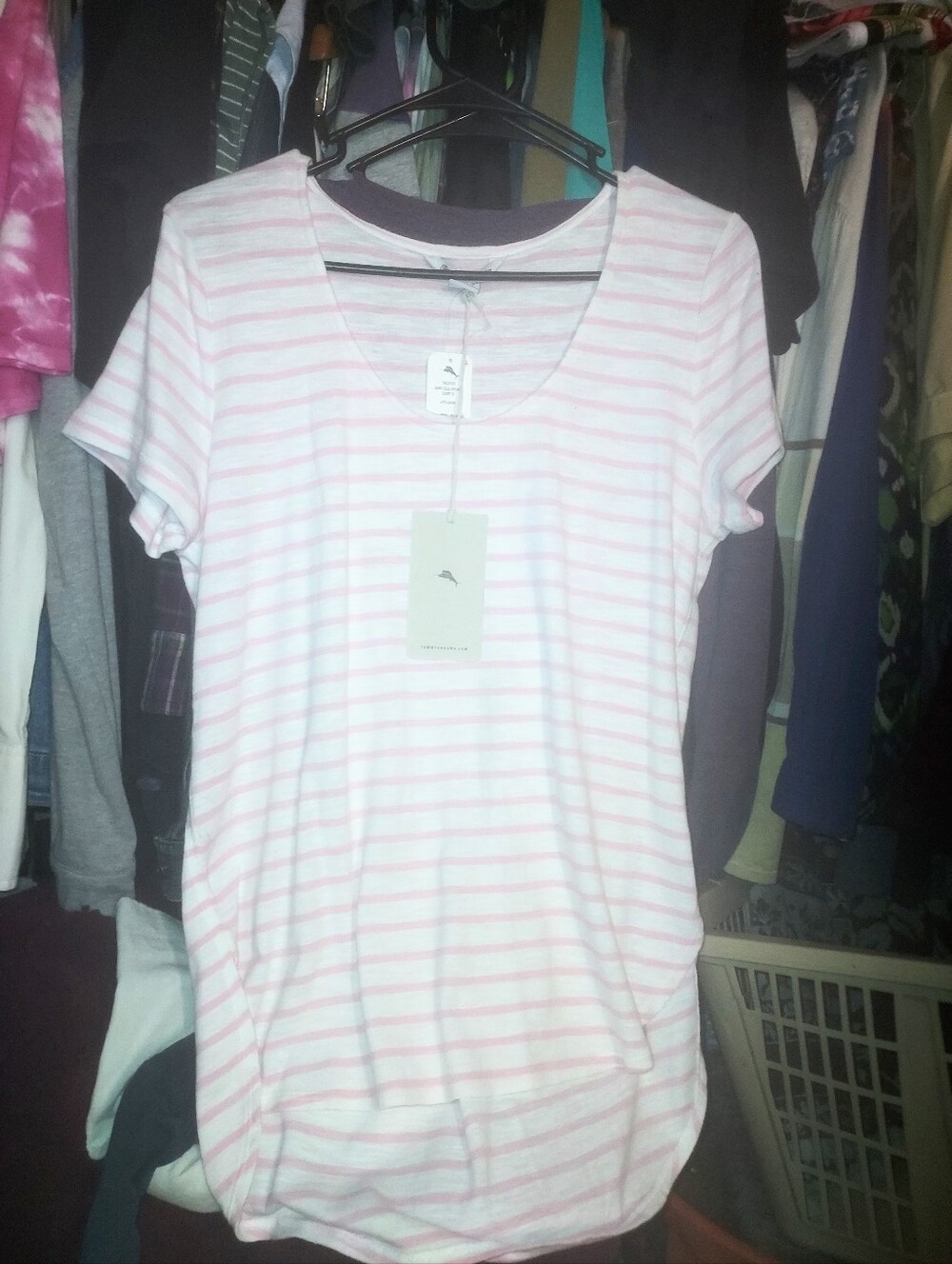 Woman's Tommy Bahama Pink & White Stripe Short Sleeve Tunic Size Medium